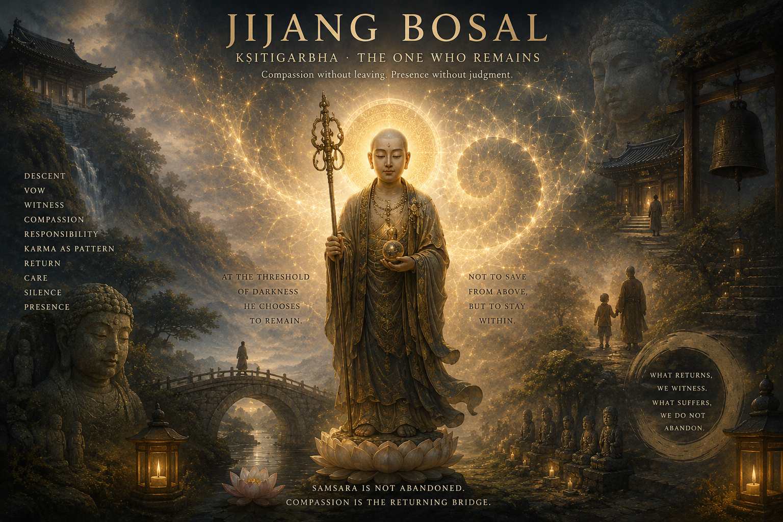 Jijang Bosal as the symbolic center of the Jijang Fractal with compassion, descent, presence, karma, and responsibility