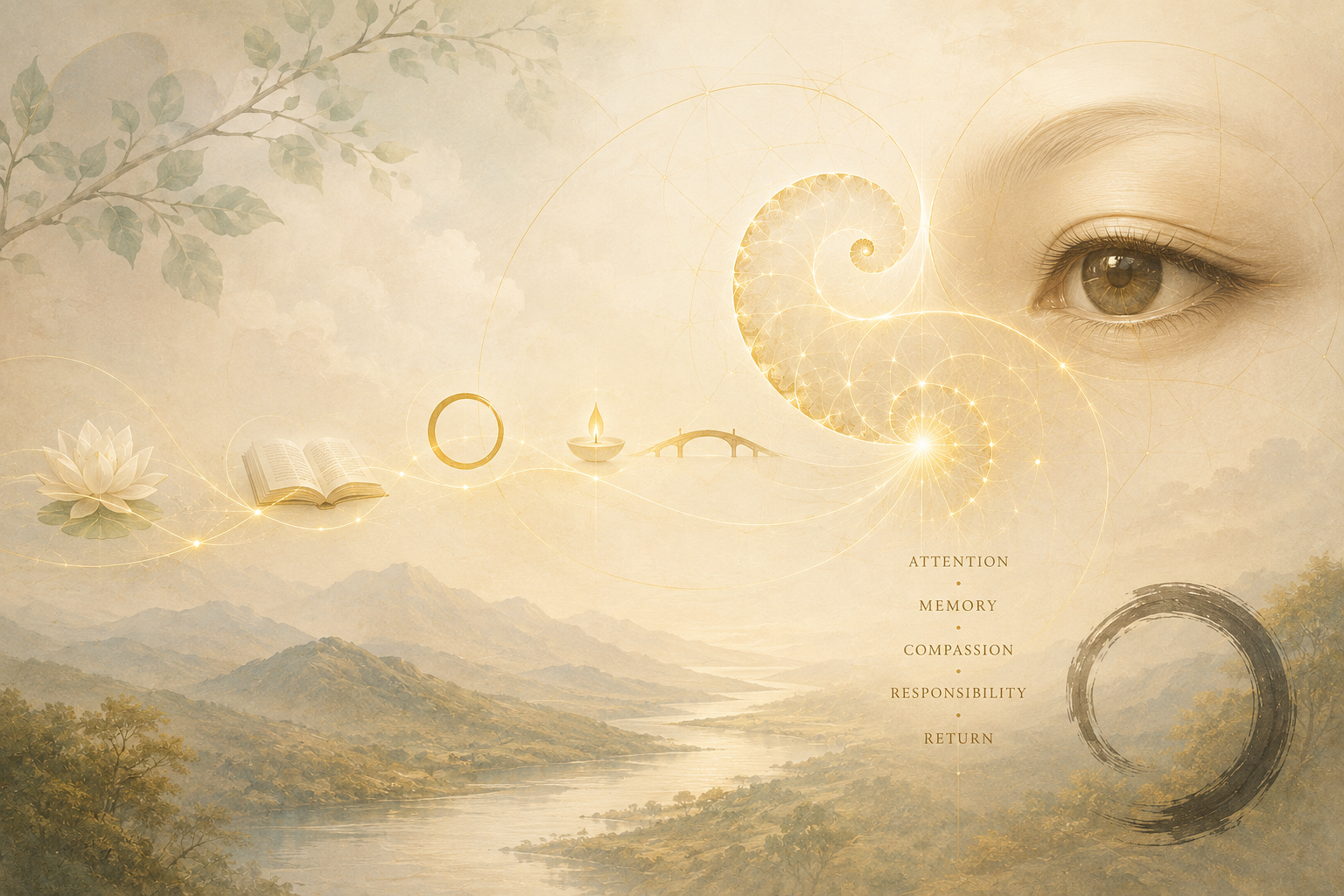 Across Traditions image with contemplative eye, fractal spiral, book, candle, human figures, and bridge